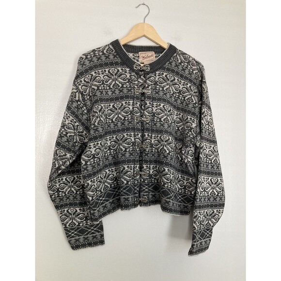 Vintage Woolrich Cardigan Fair Isle Sweater LARGE Gray Made in Hong Kong - Picture 1 of 7
